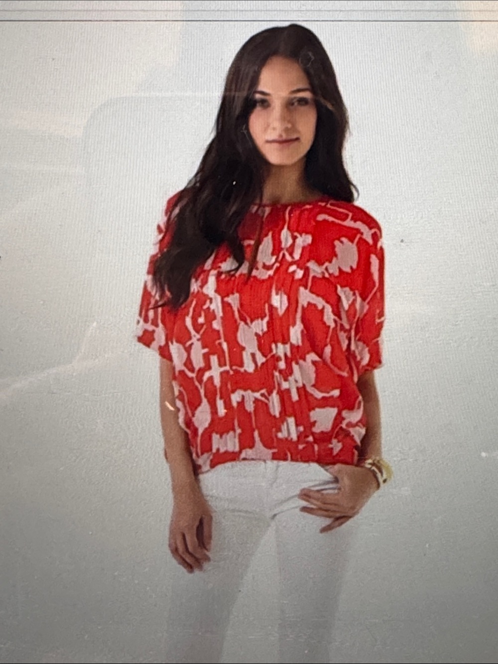 Diane Von Furstenberg Coral & White Double Layer Silk Chiffon Pleated  Blouse